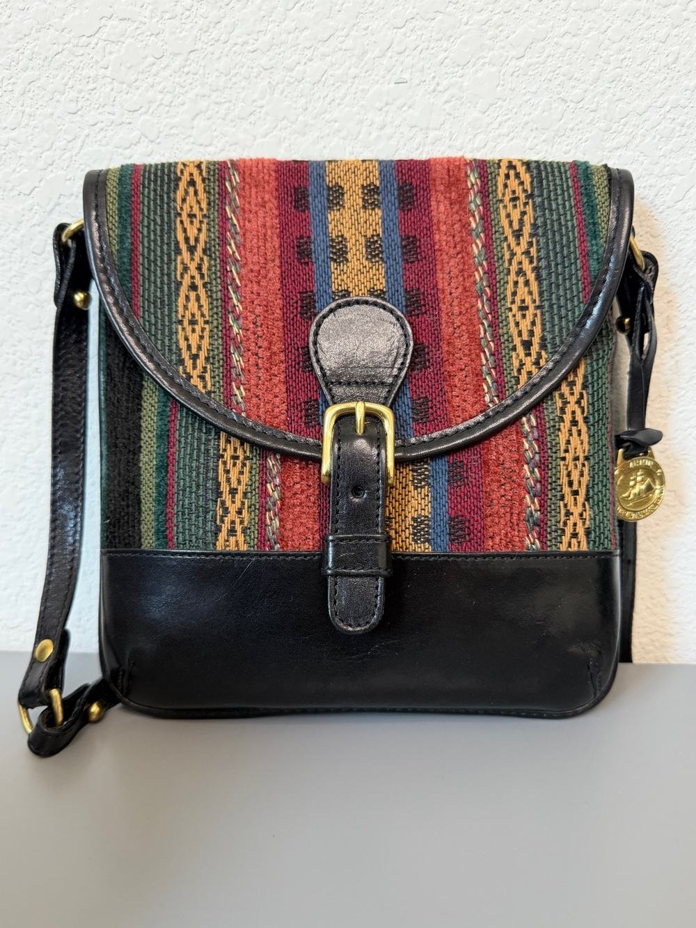 Brahmin Black Leather and Kilim Woven Crossbody Bag Vintage